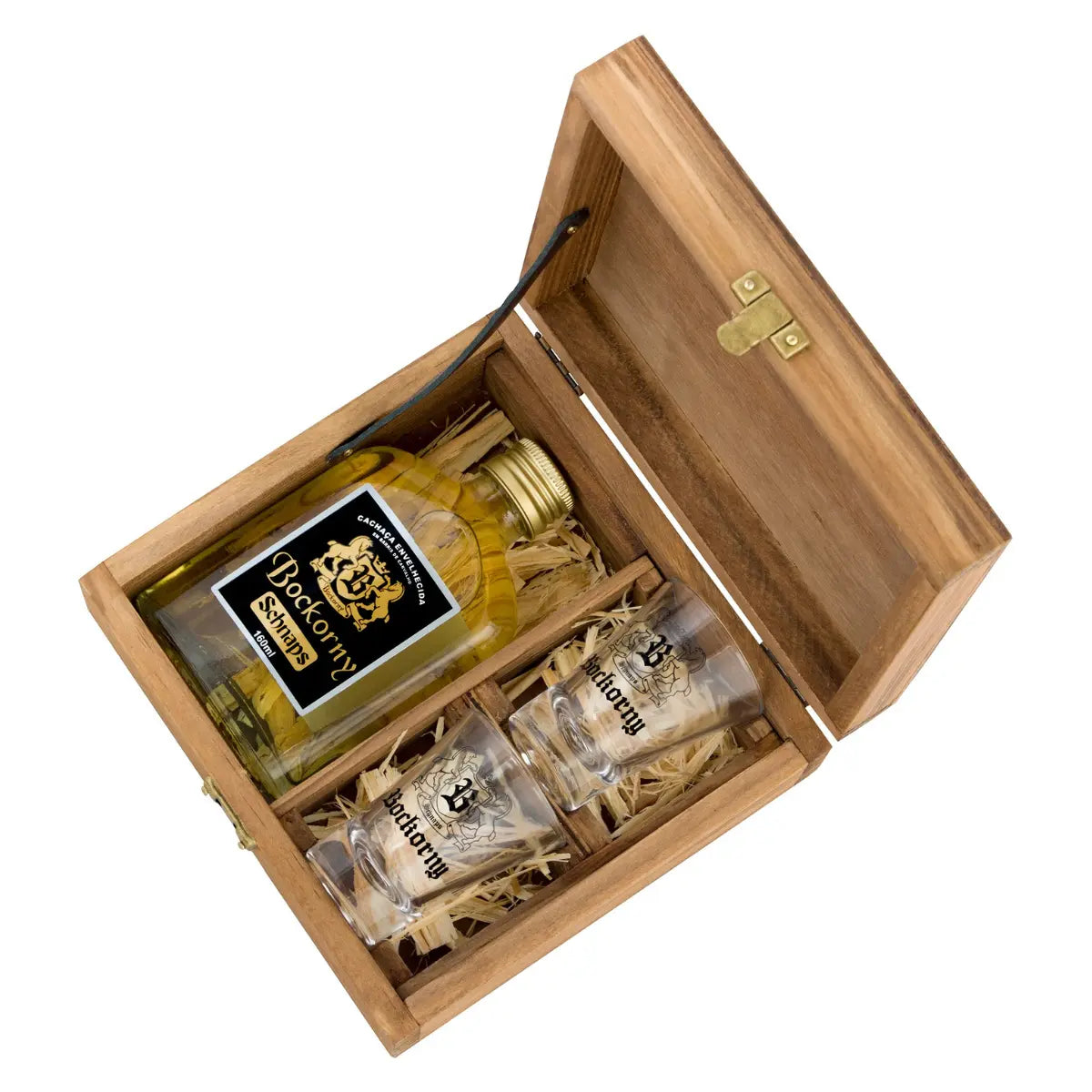 Caixa Cachaça Envelhecida em Carvalho Série Ouro 160ml + 2 Copos